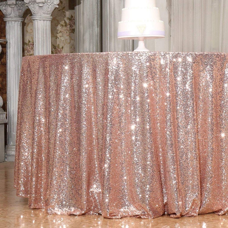 PartyDelight 108" Round Rose Gold Sequin Tablecloth High-Density 3mm Stitched Sequins Floor Length for 48-inch Round Tables Luxury Wedding & Banquet Decor - Image 2